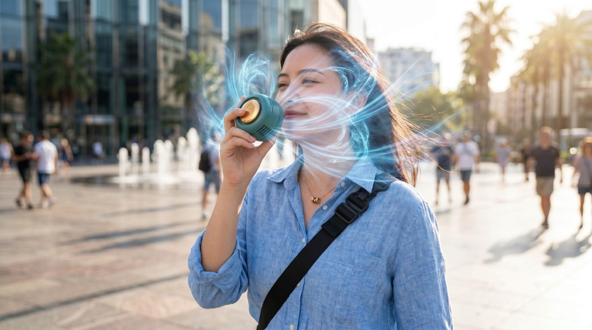 Person using AuraFlow mini fan outdoors